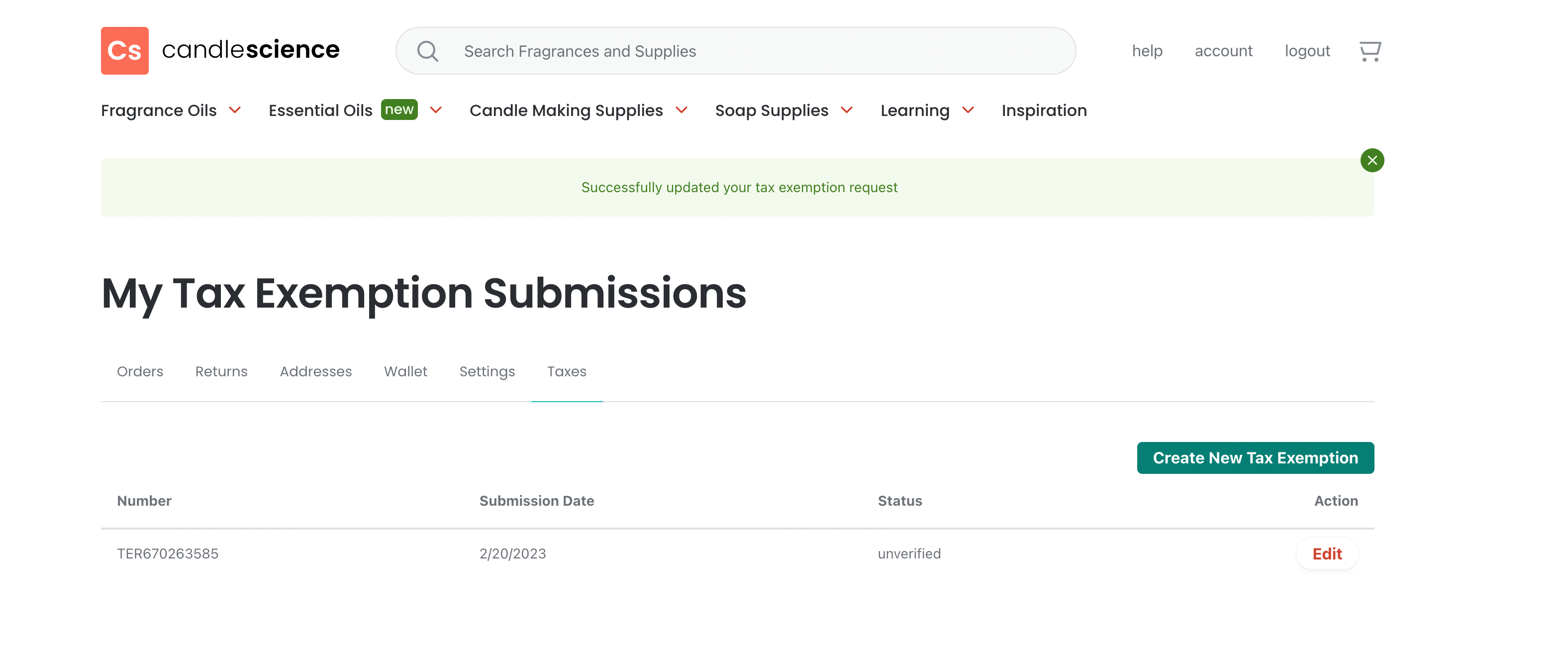 How do I update my tax exemption request? CandleScience Support
