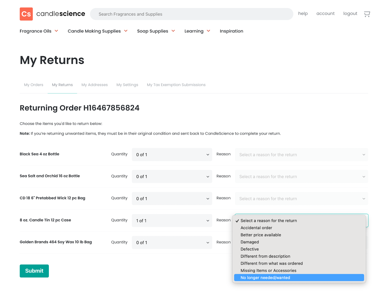 How do I return an item from my order? CandleScience Support