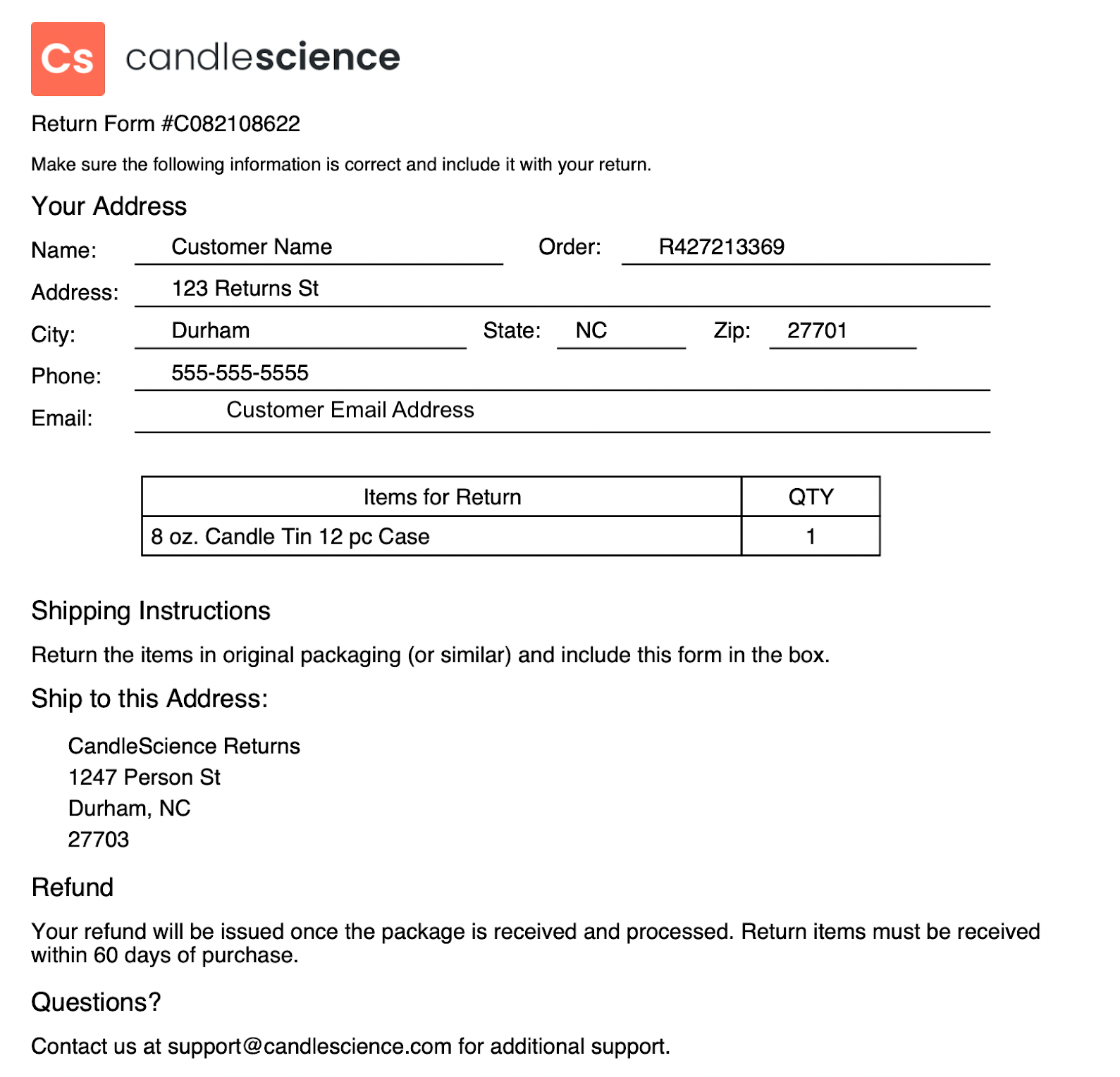 How do I return an item from my order? CandleScience Support